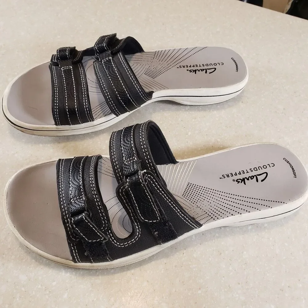 Clarks Cloudsteppers Breeze Piper Black Comfort Slide Sandals Women’s US 8